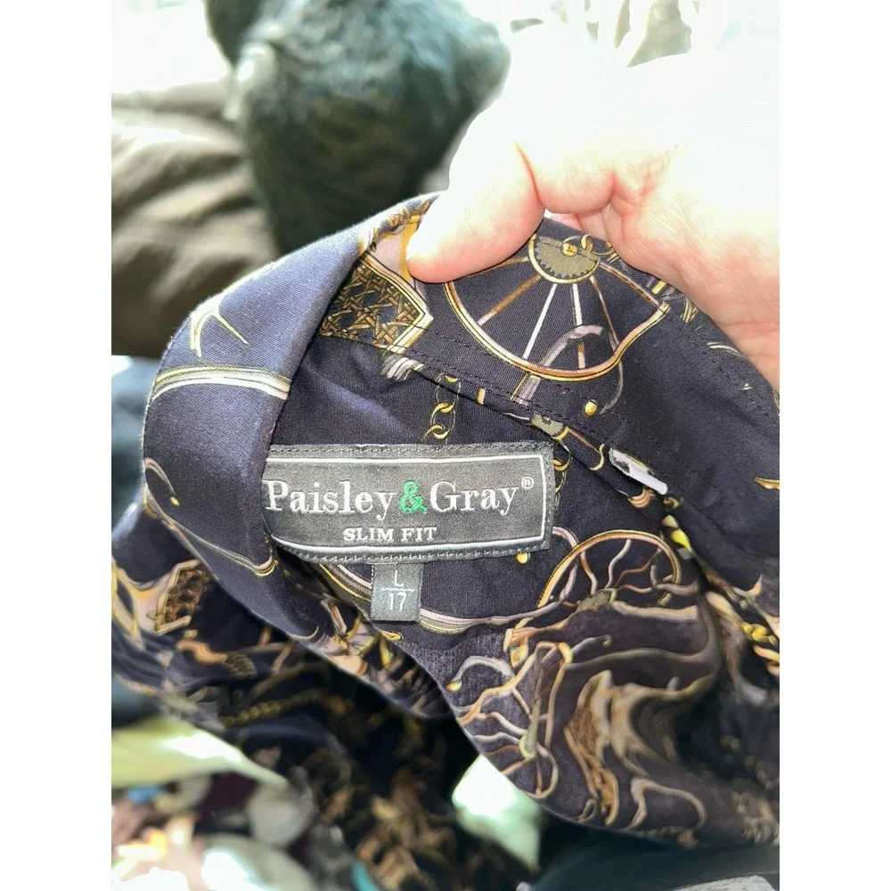 Paisley‎ Gray Mens Shirt Slim L Horse Carriage Old Money Navy Blue Gold